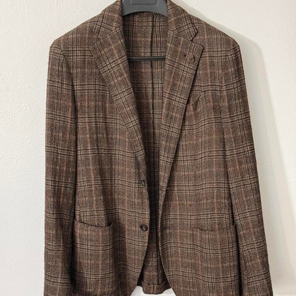 Lardini Made in Italy Brown Glen Plaid Wool Linen Blazer – Size 48 IT/ 38 US
